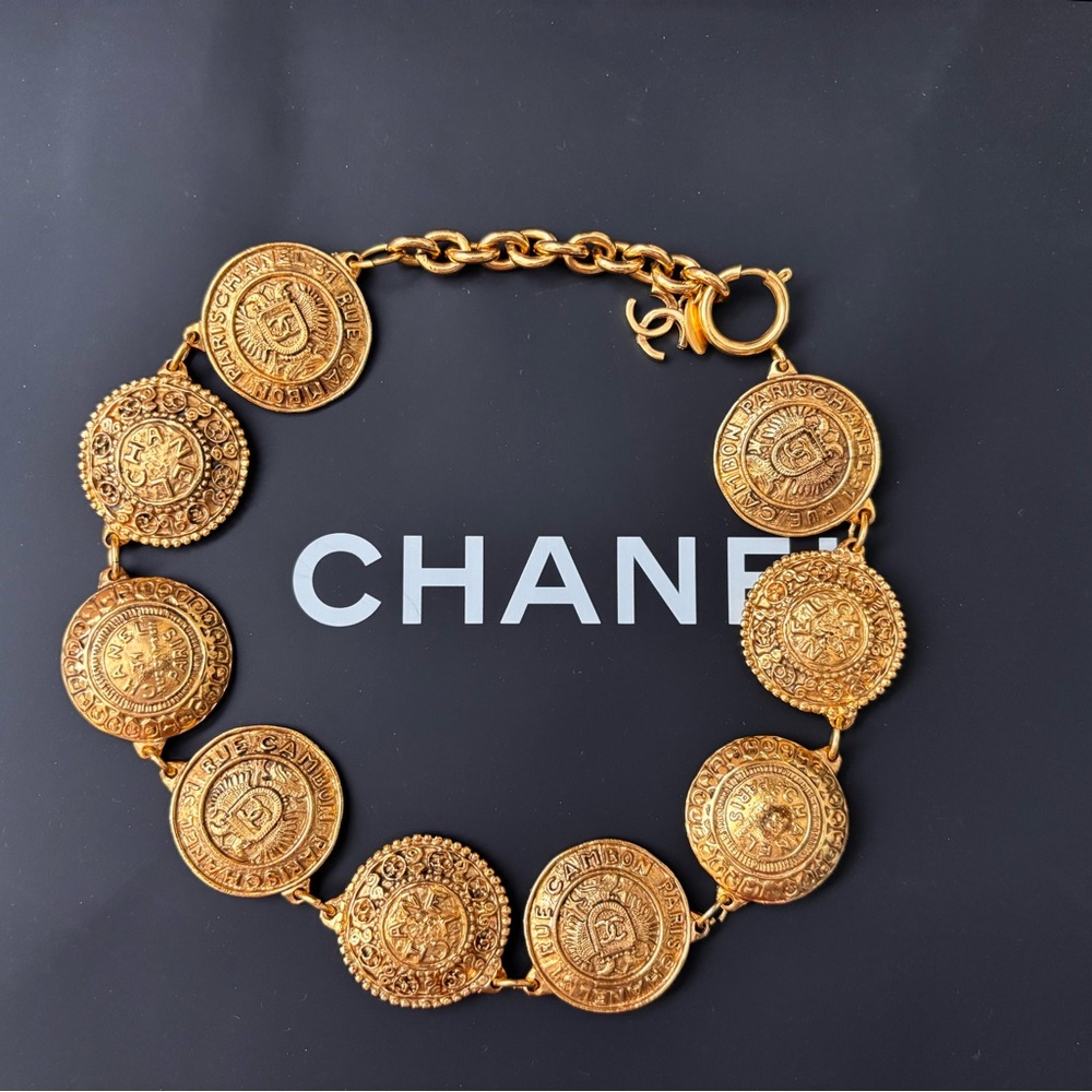 Authentic CHANEL gold plated vintage charm Cambon medallions choker necklace